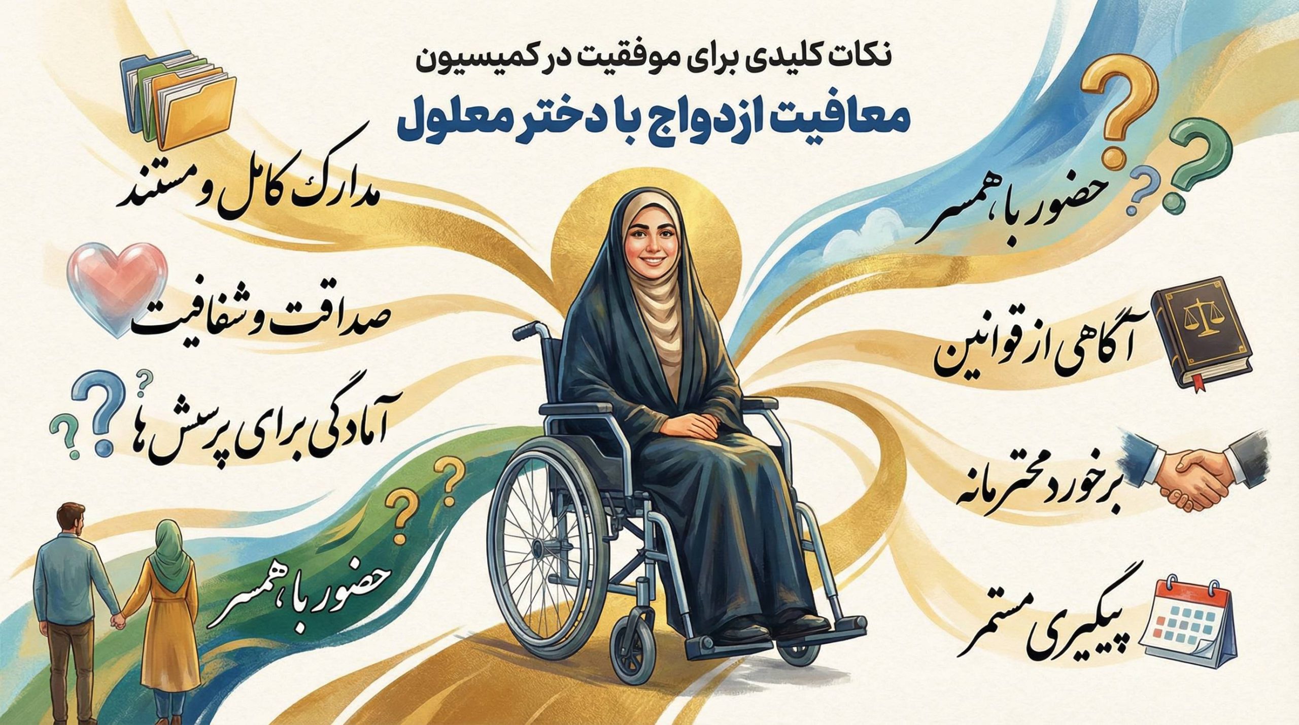 معافیت ازدواج با دختر معلول؛ (آیا این قانون هنوز وجود دارد؟) یک عکس به نسبت ابعاد 16 به 9 برام بساز سبک عکس پویا و خلاقانه باشد و به درستی کلمات و حروف توجه کن و موضوع نکات کلیدی برای موفقیت در کمیسیون درباره معافیت ازدواج با دختر معلول بهم بده